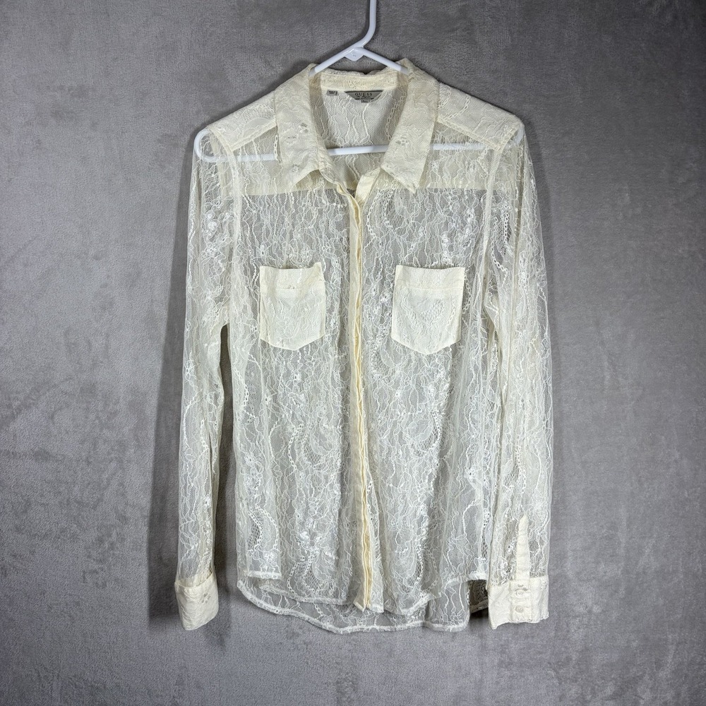 VTG Guess Sheer Lace Blouse Size L Ivory Romantic 90s Witchy Whimsigoth Layering